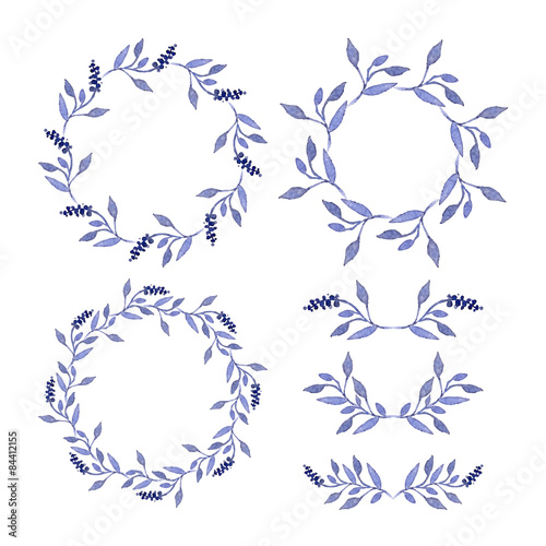 Set of round frames and vignettes made of watercolor branches.