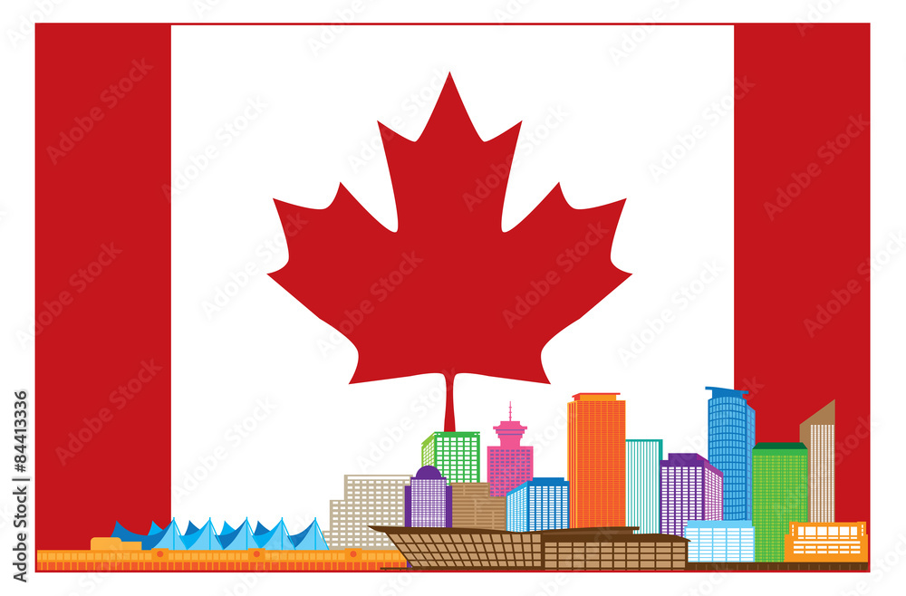 Vancouver BC Canada Colorful Skyline in Canadian Flag Illustrati Vancouver BC Canada Colorful Skyline in Canadian Flag Illustrati