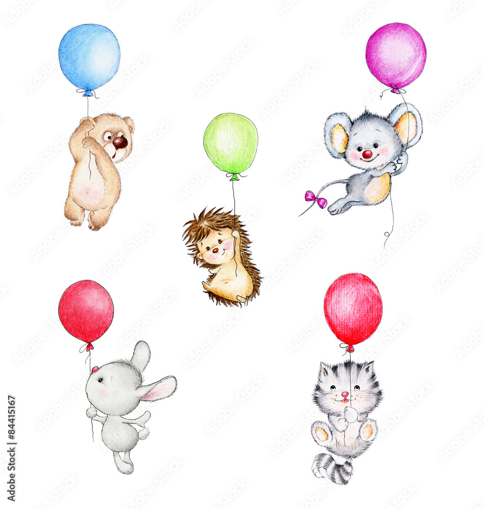 Set of cute animals flying on balloons Stock Illustration | Adobe Stock