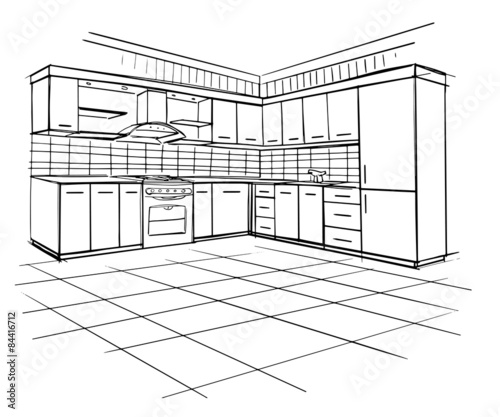 Modern interior sketch of corner kitchen.