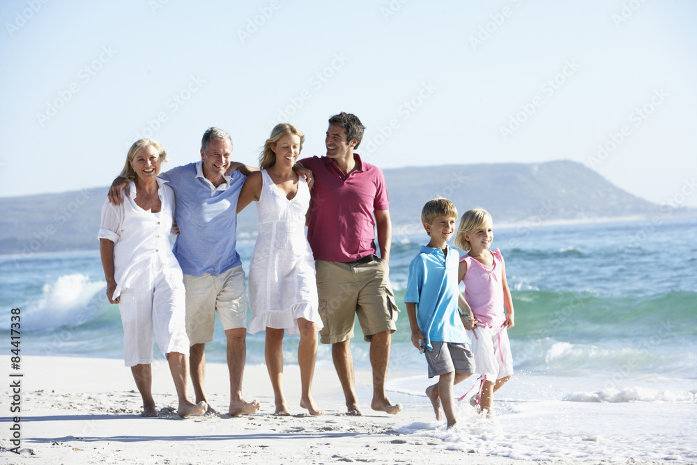 Three Generation Family Walking Along Beach