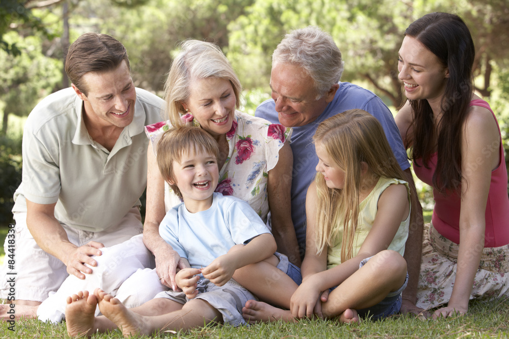 Three Generation Family Sitting In Park Together Three Generation Family Sitting In Park Together