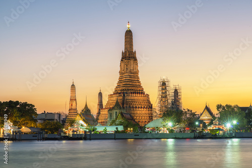 Night view of Wat Arun temple and Chao Phraya River  Bangkok  Th
