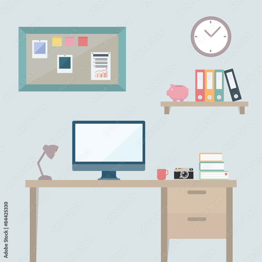 Flat design vector illustration of modern home office interior with designer desktop, EPS10 Flat design vector illustration of modern home office interior with designer desktop, EPS10