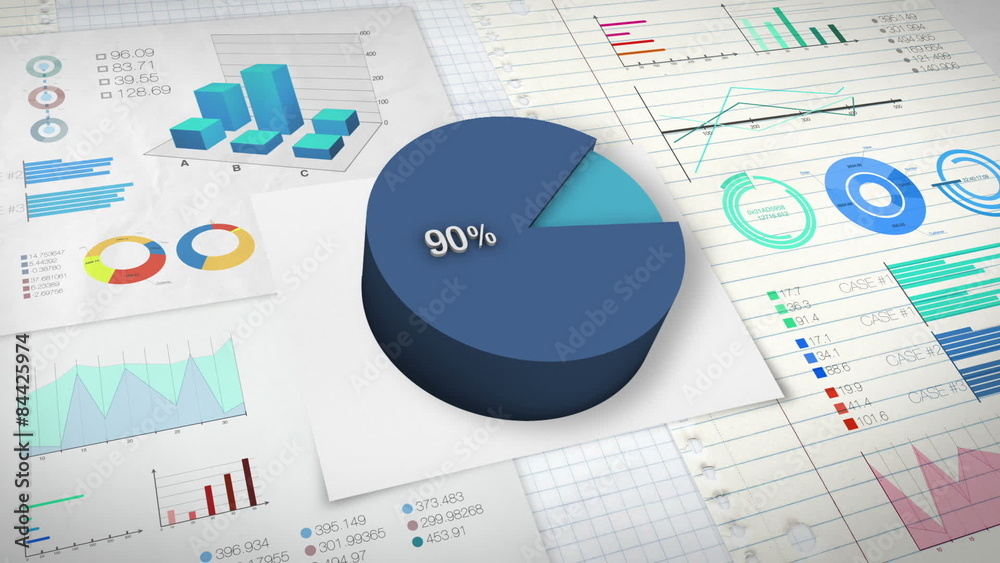 90 percent Pie chart with various economic finances graph.