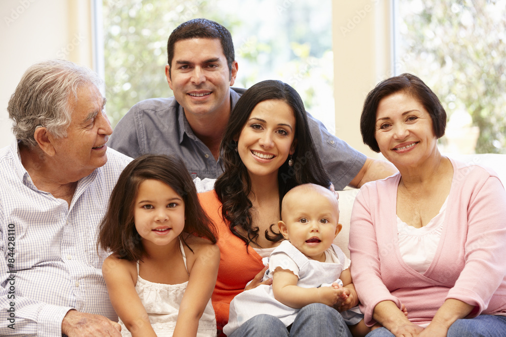 3 generation Hispanic family at home