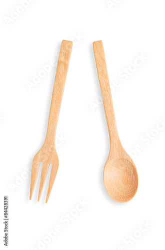 Wooden spoon and fork isolated on white