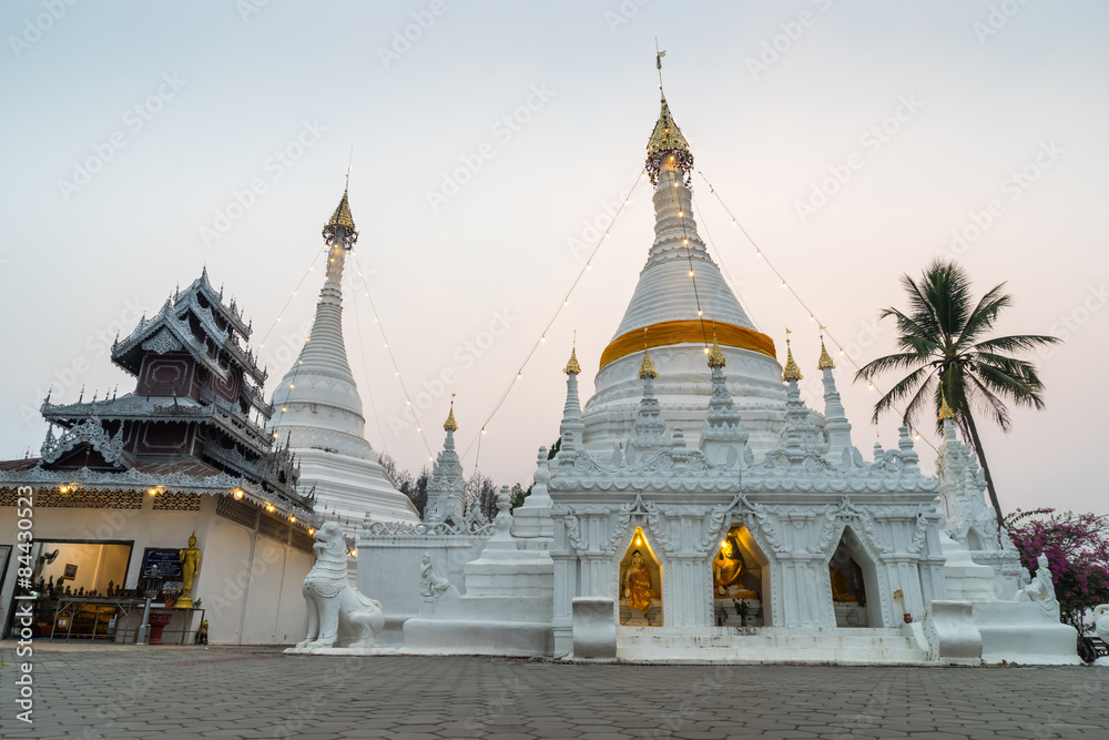 White pagoda in Wat Phra That Doi Gongmu landmark of Maehongson