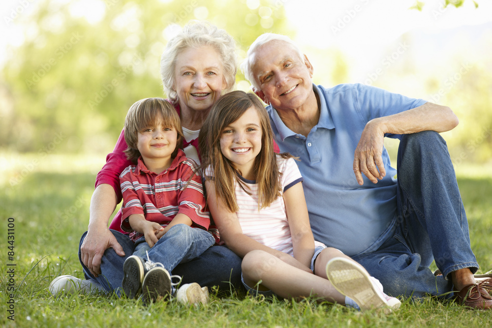 Senior couple and grandchildren in park