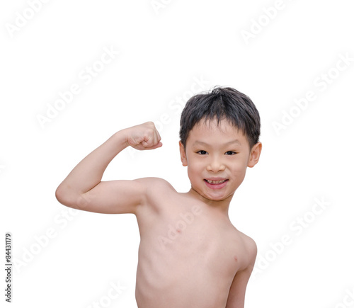 Slim Asian boy showing his arm muscle on white background