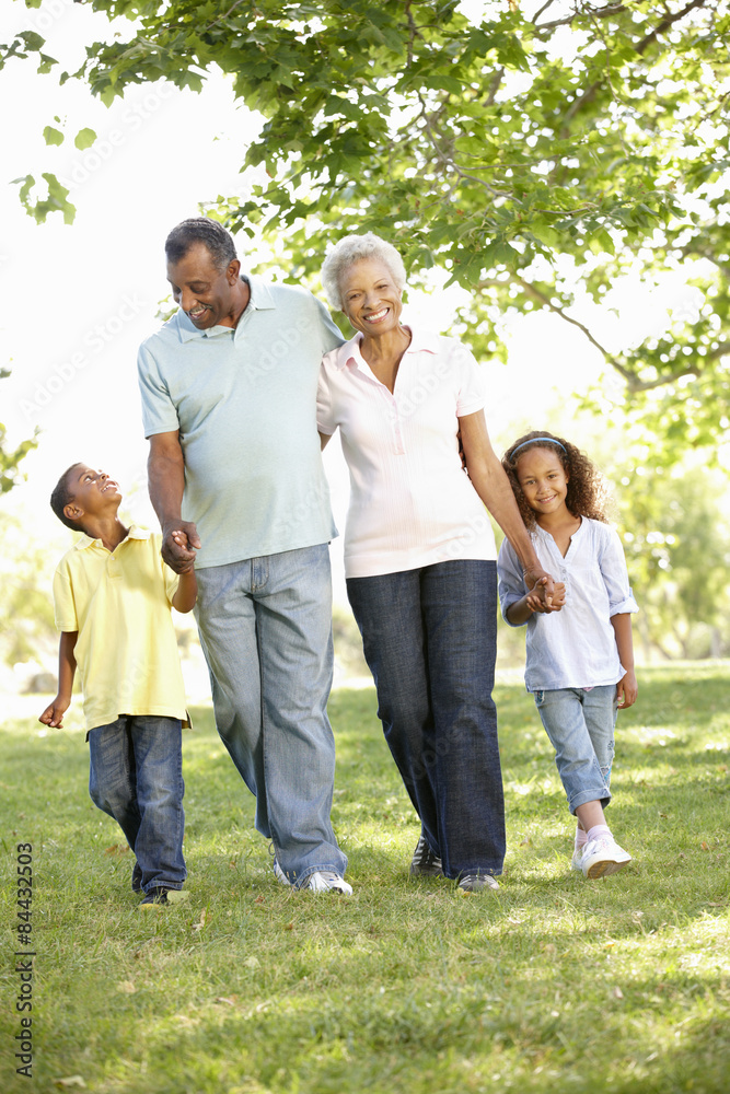 African American Grandparents With Grandchildren Walking In Park African American Grandparents With Grandchildren Walking In Park