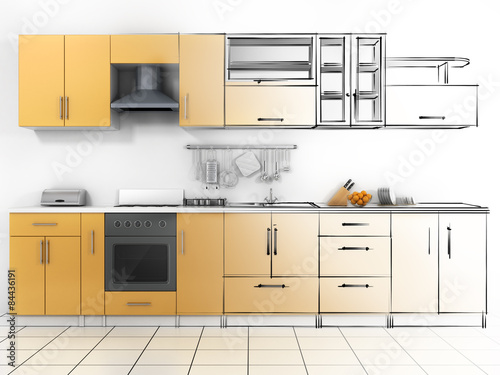 Abstract sketch design of interior kitchen. Wireframe render. photo