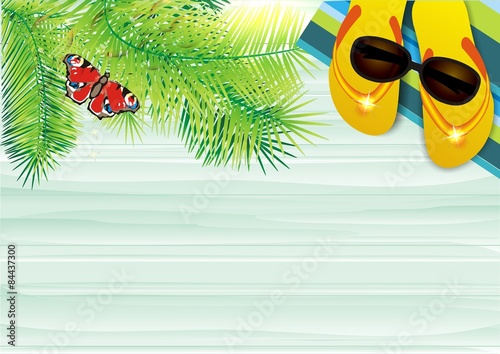 Hintergrund mit Palmen und Strandutensilien