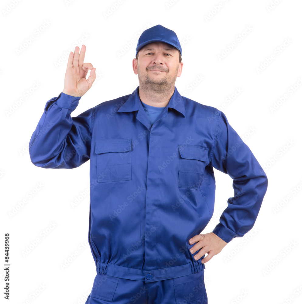 Worker with raised hand.