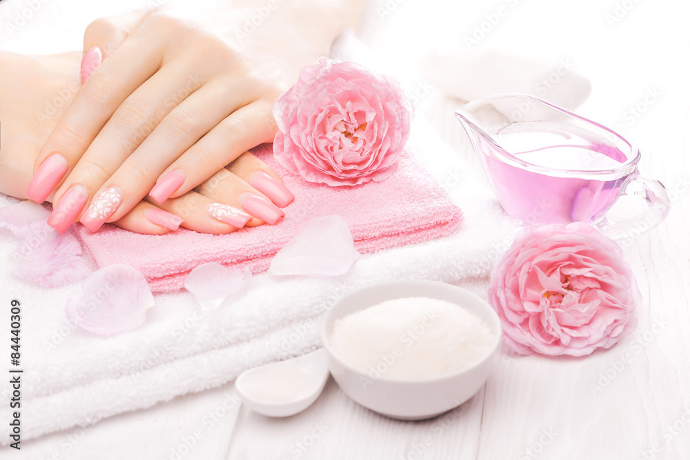 french manicure with essential oils, rose flowers. spa french manicure with essential oils, rose flowers. spa
