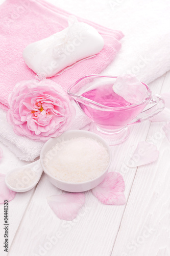 sea salt and essential oils  pink tea rose flower. spa