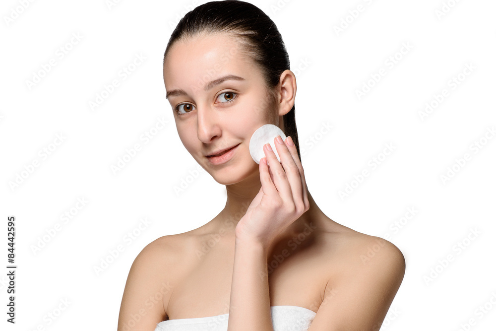skin care woman removing face with cotton swab pad skin care woman removing face with cotton swab pad