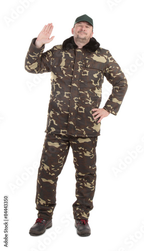 Camouflage winter jacket with black collar. 