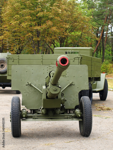 Soviet 76mm cannon gan ZiS3 and army truck ZiS5,(Ural) taken clo photo