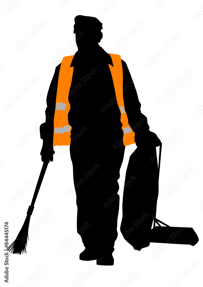 Janitor in signal vest on white background