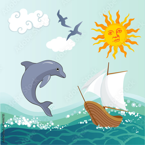 Summer background with a sea  ship and dolphin