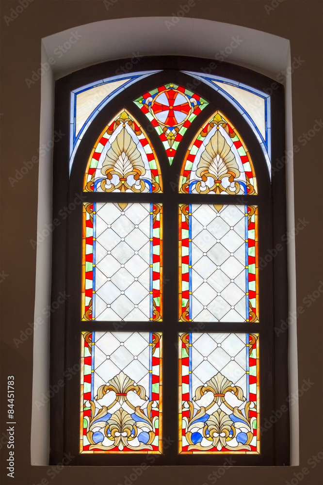 Stained glass old window of Palanok Castle in Mukachevo