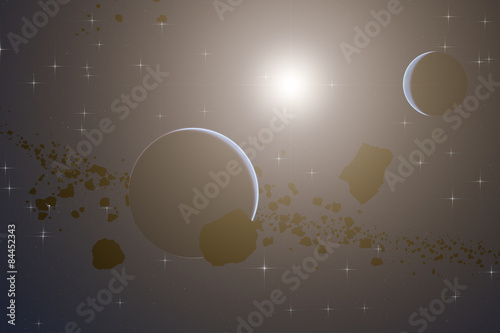 Fototapeta Naklejka Na Ścianę i Meble -  Asteroids with Earth and starry background. Digital illustration.