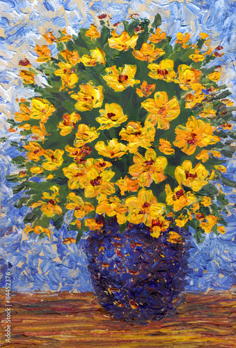 Oil painting. Lush bouquet of yellow flowers in blue vase photo