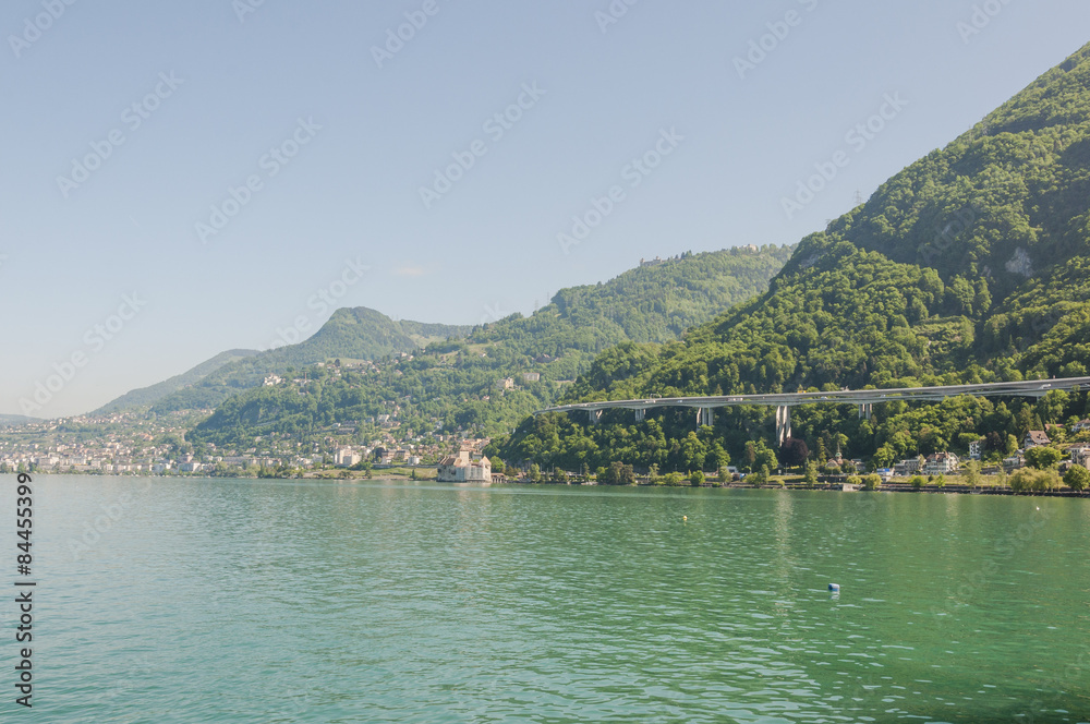 Montreux, Stadt, Genfersee, Seeufer, Lac Léman, Schloss, Seerundfahrt, Ausflugsschiffe, Weinberge, Autobahn, Sommer, Waadt, Schweiz