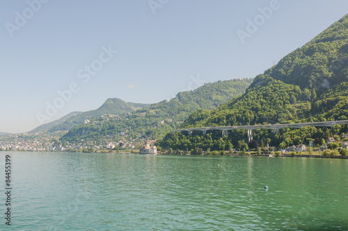 Montreux, Stadt, Genfersee, Seeufer, Lac Léman, Schloss, Seerundfahrt, Ausflugsschiffe, Weinberge, Autobahn, Sommer, Waadt, Schweiz
