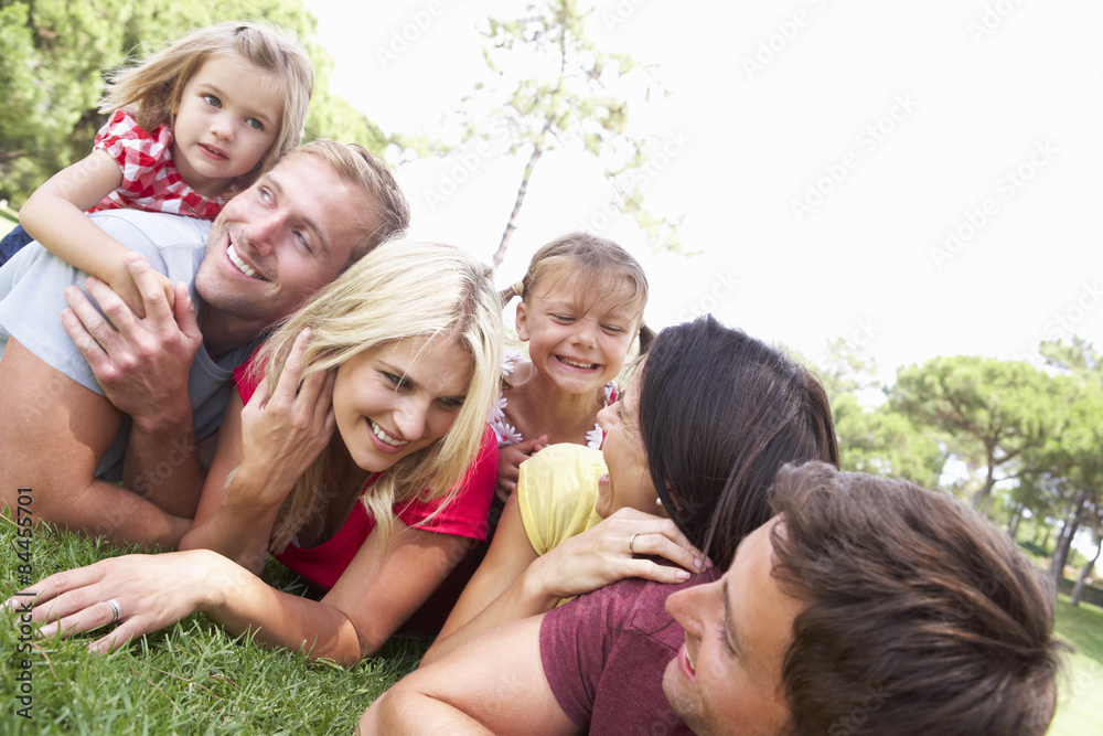 Two Families Playing In Park Together