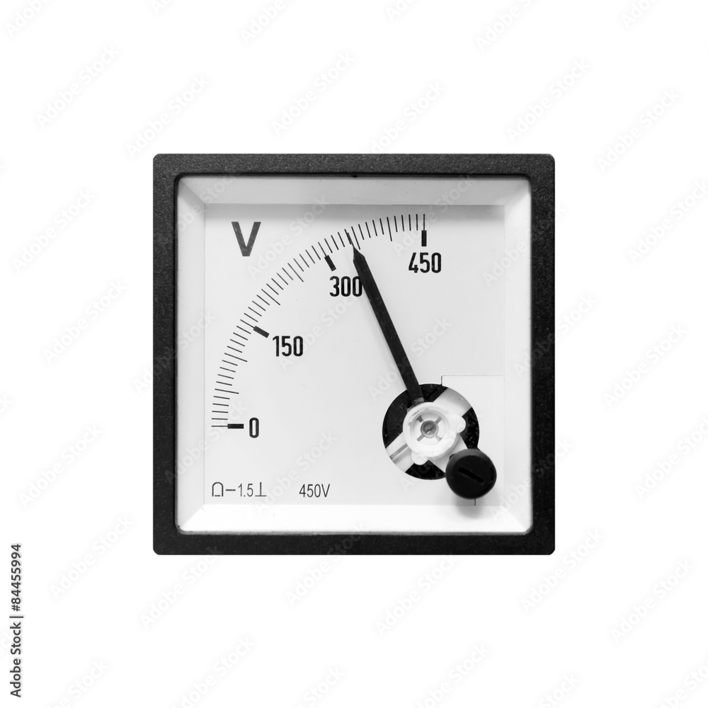 Modern analog electric voltmeter in black frame Modern analog electric voltmeter in black frame