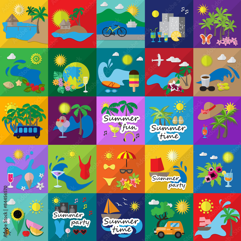Fototapeta premium Summer Flat Icons Set: Vector Illustration, Graphic Design. Collection Of Colorful Icons. For Web, Websites, Print, Presentation Templates, Mobile Applications And Promotional Materials