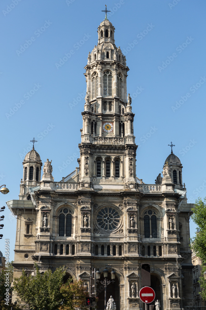 Facade of Sainte Trinite church in Paris. France