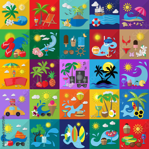 Summer Flat Icons Set: Vector Illustration, Graphic Design. Collection Of Colorful Icons. For Web, Websites, Print, Presentation Templates, Mobile Applications And Promotional Materials