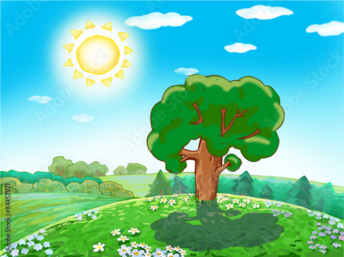 Children vector drawing green tree on a sunny day in the woods, on a hill with meadow flowers.