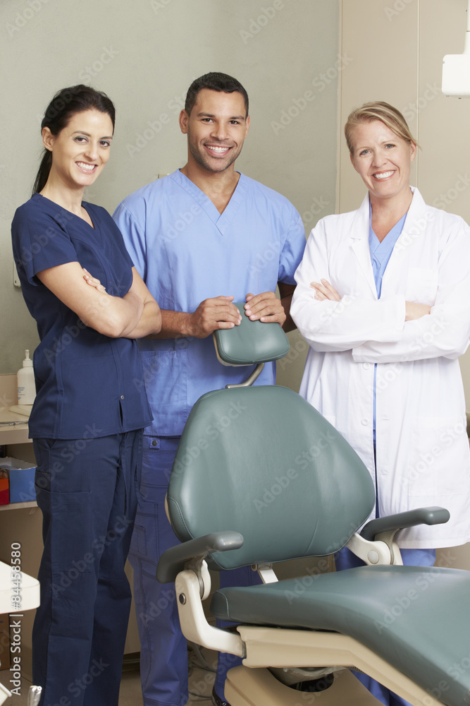 Obraz premium Portrait Of Dentist And Dental Nurses In Surgery