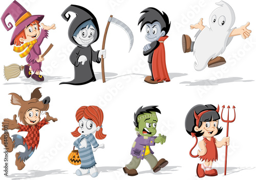 Cartoon children wearing costumes of classic halloween monster characters
