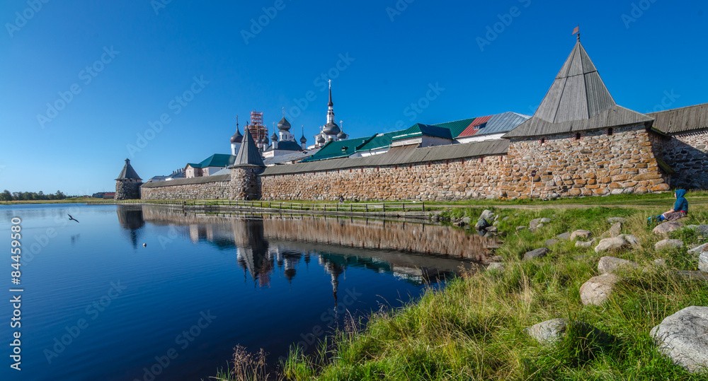 Fototapeta premium View of the Solovetsky Kremlin from the Holy Lake.