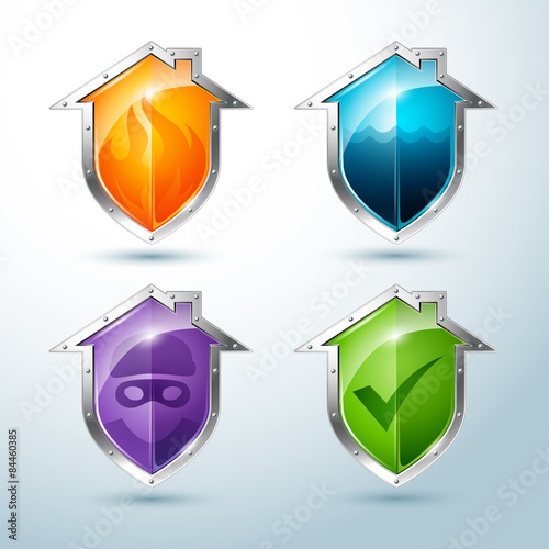 Vector set of house-shaped shield icons that illustrate various dangers