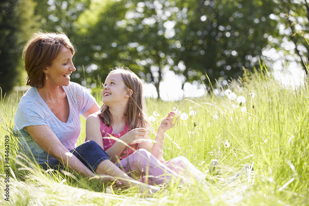 Fototapeta premium Grandmother And Granddaughter Sitting In Summer Field