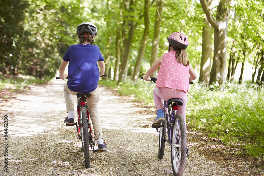 Obraz premium Rear View Of Two Children On Cycle Ride In Countryside