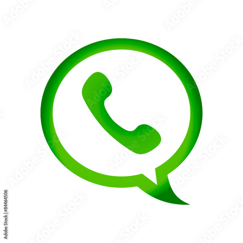 Green phone handset in speech bubble flat icon on a white