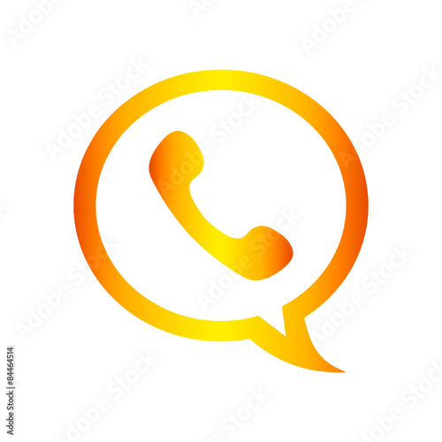 Orange phone handset in speech bubble flat icon on a white