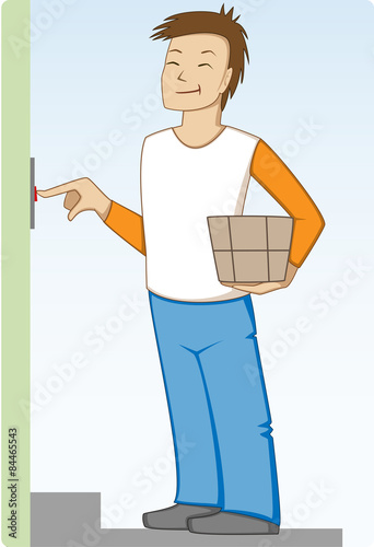 Young man delivering a package to the door, ringing the bell