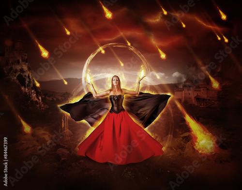 Fotografia woman fire mage conjured fiery meteor rain