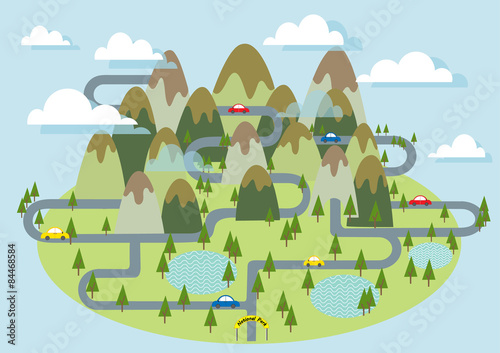 Tourism Mountain National park with car on the road ,vector illustration