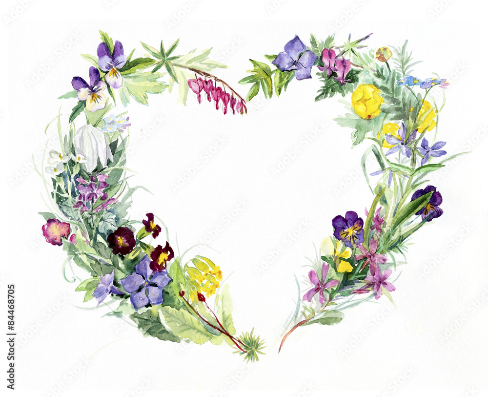 Heart frame from flowers. Spring time. Watercolor hand drawn illustration.