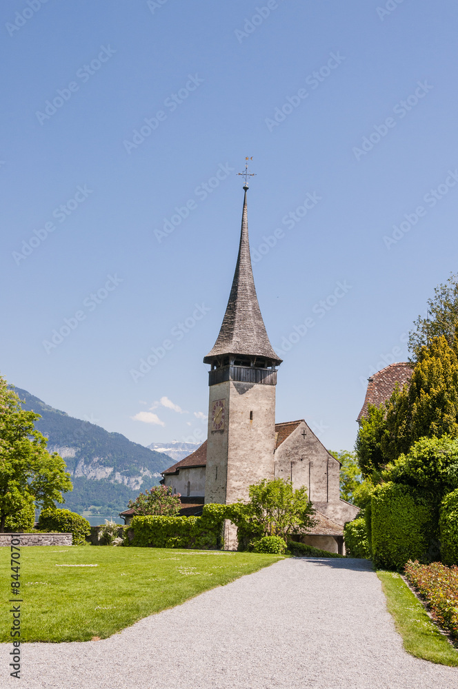 Spiez, Stadt, Schlosskirche, Kirche, Schlosspark, Schloss Spiez, Frühling, Alpen, Schweiz