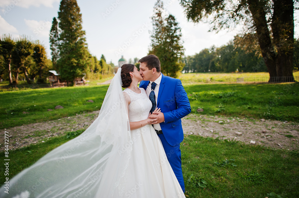 Young wedding couple on background old castle Young wedding couple on background old castle